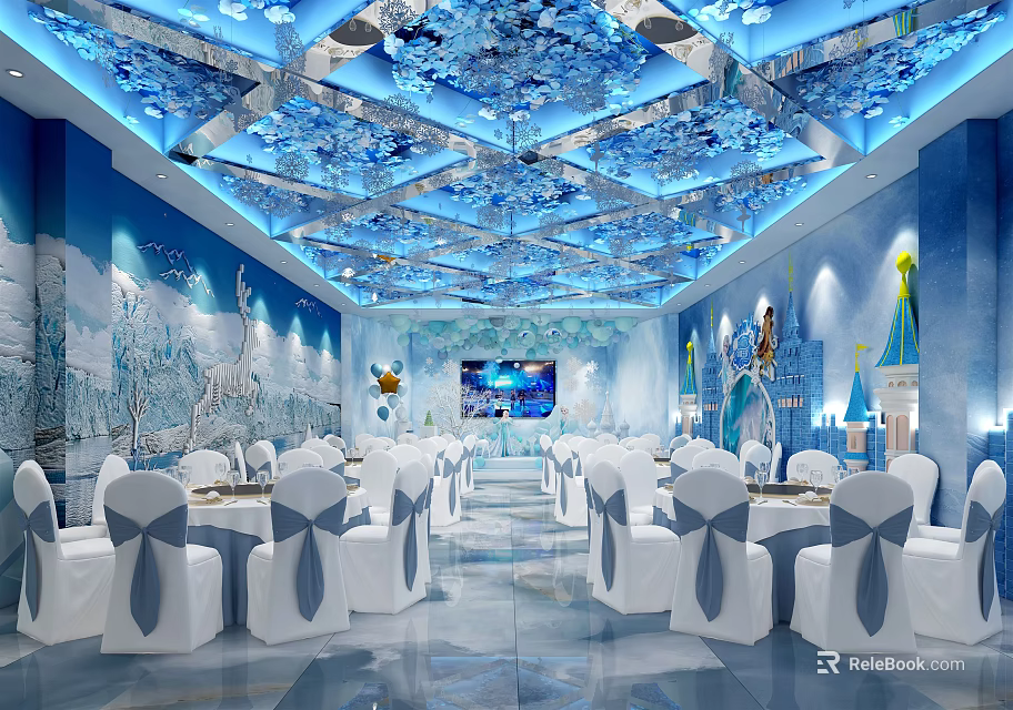 Elegant Ice Theme Banquet Hall With Blue Ceiling Snowflake Decor And White Chairs 3d model 