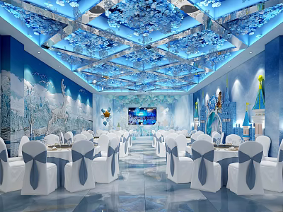 Elegant Ice Theme Banquet Hall With Blue Ceiling Snowflake Decor And White Chairs 3d model