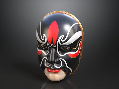 Traditional Chinese Opera Mask With Black Red White Patterns And Golden Border On Dark Background 3d model