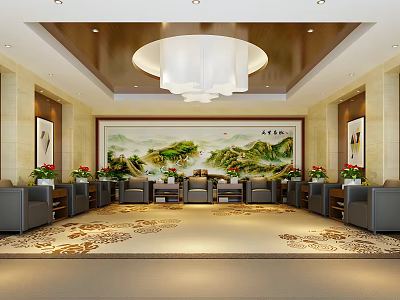 Hotel Public Lounge Area Featuring Large Landscape Painting Elegant Chandelier Comfortable Sofas And Decorative Carpet 3d model
