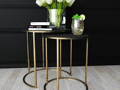 Round Dining Tables with Gold Legs Black Tabletop Decorated by White Tulips Books and Mint 3d model