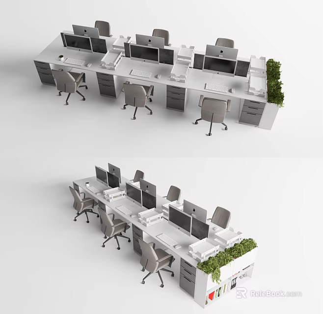 Modern Office Desks with Multiple Workstations Computer Monitors Office Chairs and Green Plants 3d model