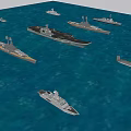 Multiple Warships Sailing Together On Blue Sea Surface With Different Sizes