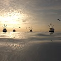 Breathtaking Sunset Seascape With Orange Clouds Seagulls And Boats On Calm Water Reflecting Golden Hues