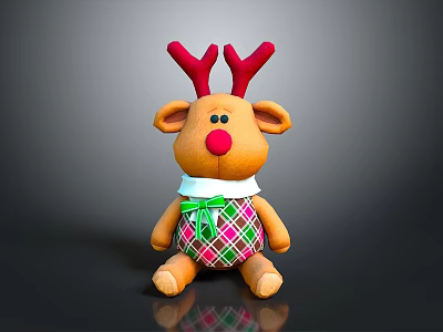 Stuffed Reindeer Toy with Red Antlers Red Nose Green Bow Plaid Bib on Dark Background 3d model