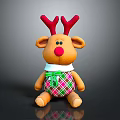 Stuffed Reindeer Toy with Red Antlers Red Nose Green Bow Plaid Bib on Dark Background