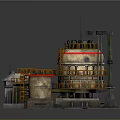 Cartoon Industrial Scene Featuring Large Metal Tanks Orange Platforms Crane Structure And Dark Base