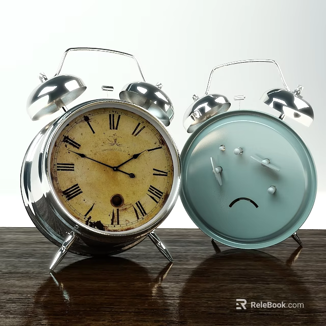 Vintage Roman Numeral And Emoji Style Alarm Clocks With Metal Bells On Wooden Surface 3d model 