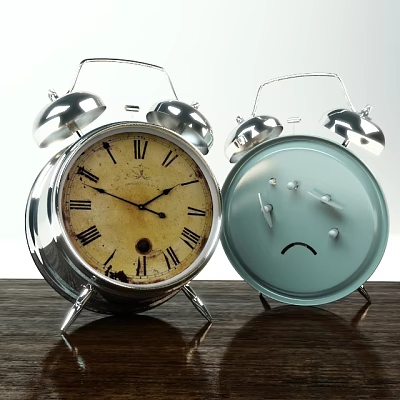 Vintage Roman Numeral And Emoji Style Alarm Clocks With Metal Bells On Wooden Surface 3d model