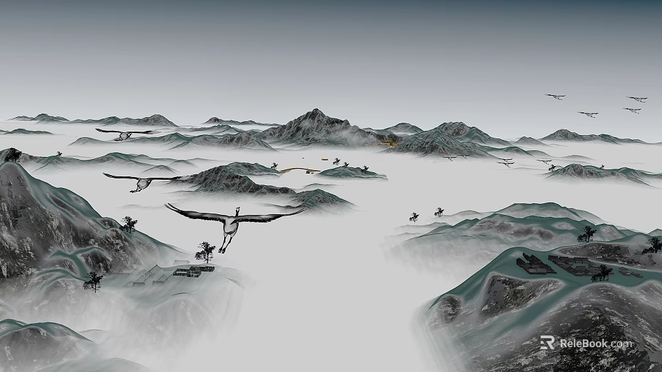 Chinese Ink Painting Landscape With Distant Mountains Floating Clouds Mist And Flying Birds 3d model 