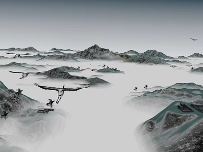 Chinese Ink Painting Landscape With Distant Mountains Floating Clouds Mist And Flying Birds 3d model