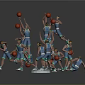 Cartoon Scene of Basketball Players Jumping Holding Red Basketballs In Blue Jerseys With Yellow Headbands 3d model