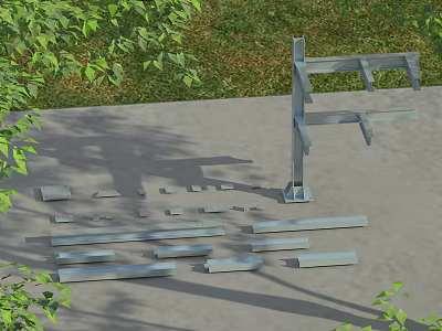 Industrial Equipment Metal Structural Components Scattered On Ground With Green Leaf Background 3d model