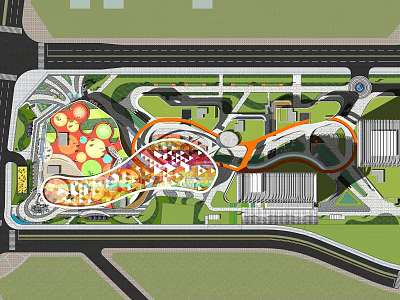 Commercial Landscape Plan With Green Spaces Pedestrian Walkways And Modern Buildings 3d model