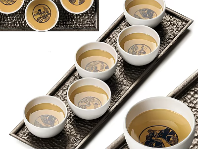 White Ceramic Teacups With Yellow Interior And Black Patterns On Metal Tray 3d model