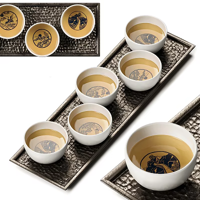 White Ceramic Teacups With Yellow Interior And Black Patterns On Metal Tray 3d model