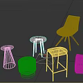 Modern Navy Blue Accent Chair with Wooden Pink Brown and Red Stools and Poufs