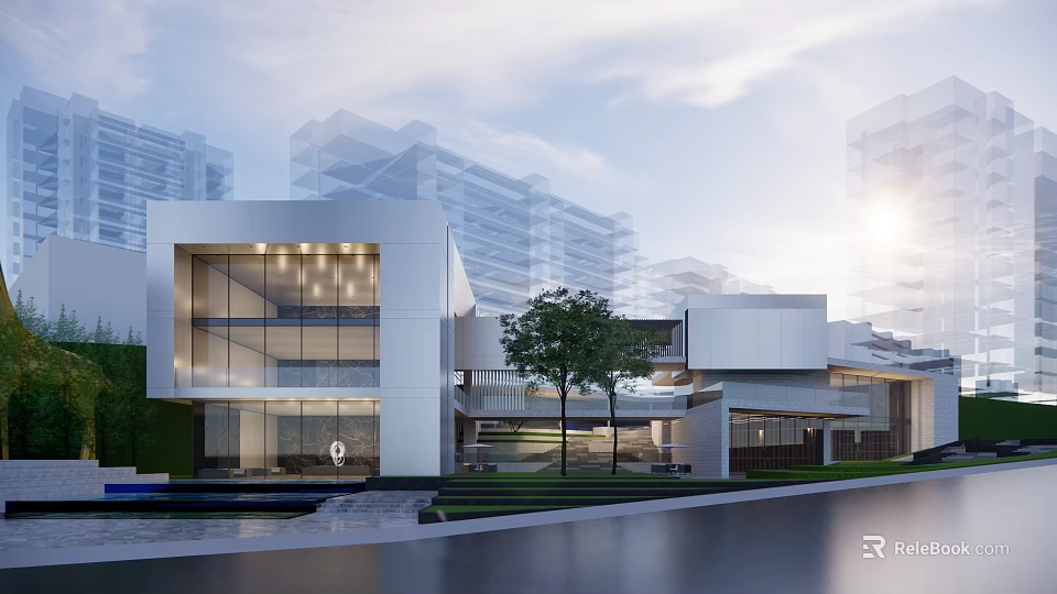 Modern Commercial Complex Architectural Exterior With Glass Curtain Wall Greenery And Water Features 3d model 
