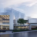 Modern Commercial Complex Architectural Exterior With Glass Curtain Wall Greenery And Water Features
