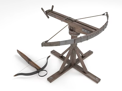 Ancient Handheld Crossbow and Tripod Mounted Ballista Weapons with Wooden Frame and Metal Parts 3d model