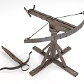 Ancient Handheld Crossbow and Tripod Mounted Ballista Weapons with Wooden Frame and Metal Parts
