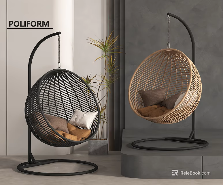 Modern Indoor Rattan Hanging Chairs With Black And Beige Design Metal Stand And Comfortable Cushions 3d model 