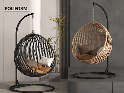 Modern Indoor Rattan Hanging Chairs With Black And Beige Design Metal Stand And Comfortable Cushions 3d model