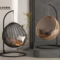 Modern Indoor Rattan Hanging Chairs With Black And Beige Design Metal Stand And Comfortable Cushions