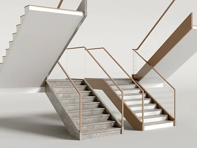 Modern Staircase Design With Concrete Steps And Bronze Metal Railings 3d model