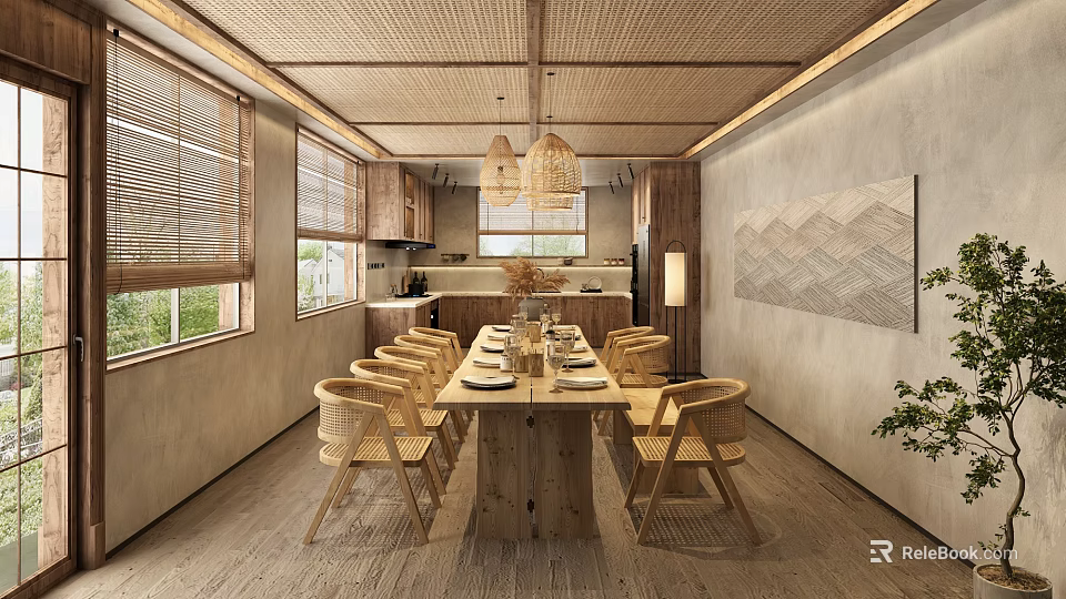 Japanese Style Dining Room With Wooden Table Chairs And Bamboo Woven Ceiling 3d model 