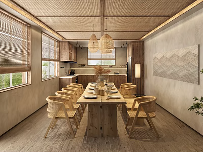 Japanese Style Dining Room With Wooden Table Chairs And Bamboo Woven Ceiling 3d model