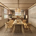 Japanese Style Dining Room With Wooden Table Chairs And Bamboo Woven Ceiling