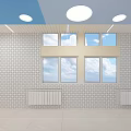 Kid Friendly Elevator Corridor With Blue Beige Walls Cloud Decorations And Round Ceiling Lights 3d model