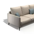 Modern Minimalist Three Seater Sofa With Light Beige Upholstery Blue Cushions And Black Legs