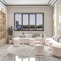 Cozy Modern Lounge Area Interior With Curved Sofa Stools And Colorful Wall Decor