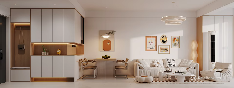 Modern Minimalist Living Dining Room Interior With Decorative Artworks Dining Table Sofa And Pendant Lights 3d model 
