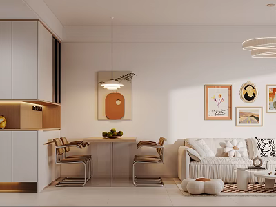 Modern Minimalist Living Dining Room Interior With Decorative Artworks Dining Table Sofa And Pendant Lights 3d model