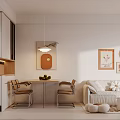 Modern Minimalist Living Dining Room Interior With Decorative Artworks Dining Table Sofa And Pendant Lights