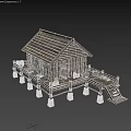 Ancient Wooden Building With Traditional Roof Wooden Railings Interior Details And Multiple Angles