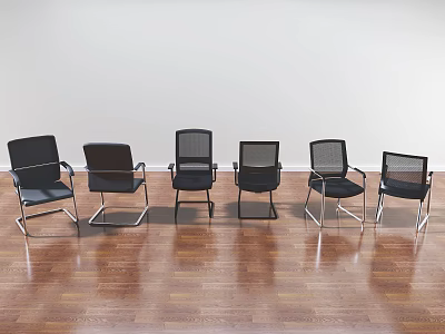Six Modern Office Chairs With Black Seats And Metal Frames On Wooden Floor 3d model