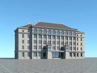 Classical Office Building With Symmetrical Design Arched Windows And Stone Exterior 3d model