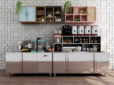 Modern Kitchen Functional Table With Storage Shelves Appliances And Green Plants 3d model