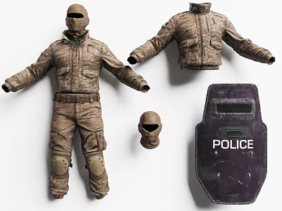 Police Weapon Tactical Gear Set Featuring Shield Helmet And Protective Uniform 3d model
