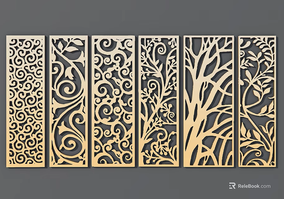 Multiple Decorative Screens with Intricate Carved Swirls and Tree Branch Patterns 3d model 