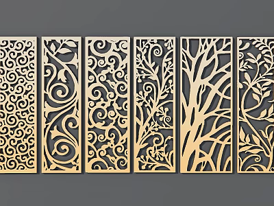 Multiple Decorative Screens with Intricate Carved Swirls and Tree Branch Patterns 3d model