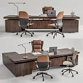 Dark Wooden Office Desk With Desk Lamp Laptop Documents And Two Office Chairs