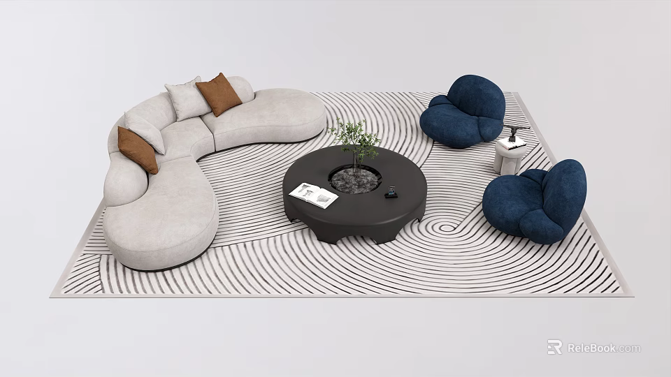 Modern Sofa and Coffee Table Set with Gray Curved Sofa Brown Cushions Blue Armchairs Black Table 3d model 