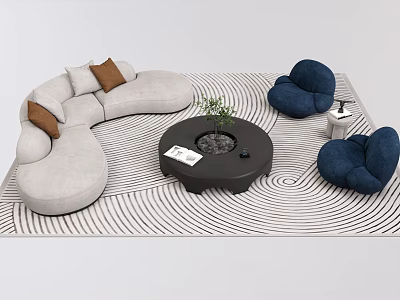Modern Sofa and Coffee Table Set with Gray Curved Sofa Brown Cushions Blue Armchairs Black Table 3d model