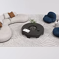 Modern Sofa and Coffee Table Set with Gray Curved Sofa Brown Cushions Blue Armchairs Black Table