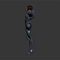 Futuristic Female Game and Movie Character With Red Hair Black Armor and Blue Glowing Elements